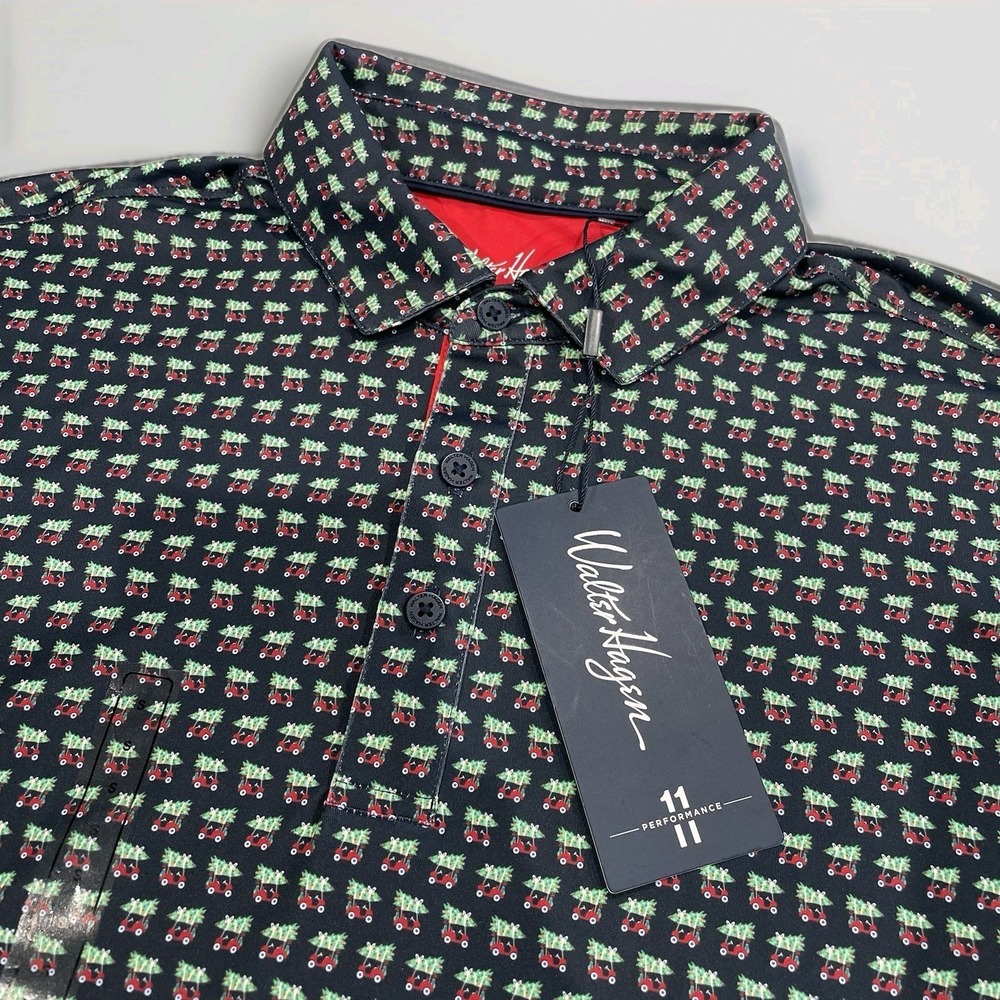 Walter Hagen Mens Christmas Golf Cart Polo Shirt Performance 11 Navy Small NWT‎